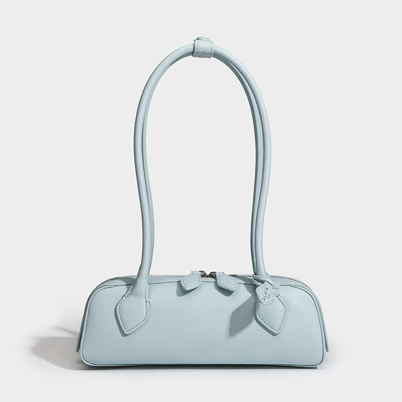 Women's Split Leather Retro Baguette Sausage Bag - Two-Tone Underarm Handbag with Gold-Tone Hardware