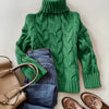 Women's High-Neck Cable Knit Sweater - Soft Blue Loose-Fit Long Sleeve Pullover for Fall & Winter