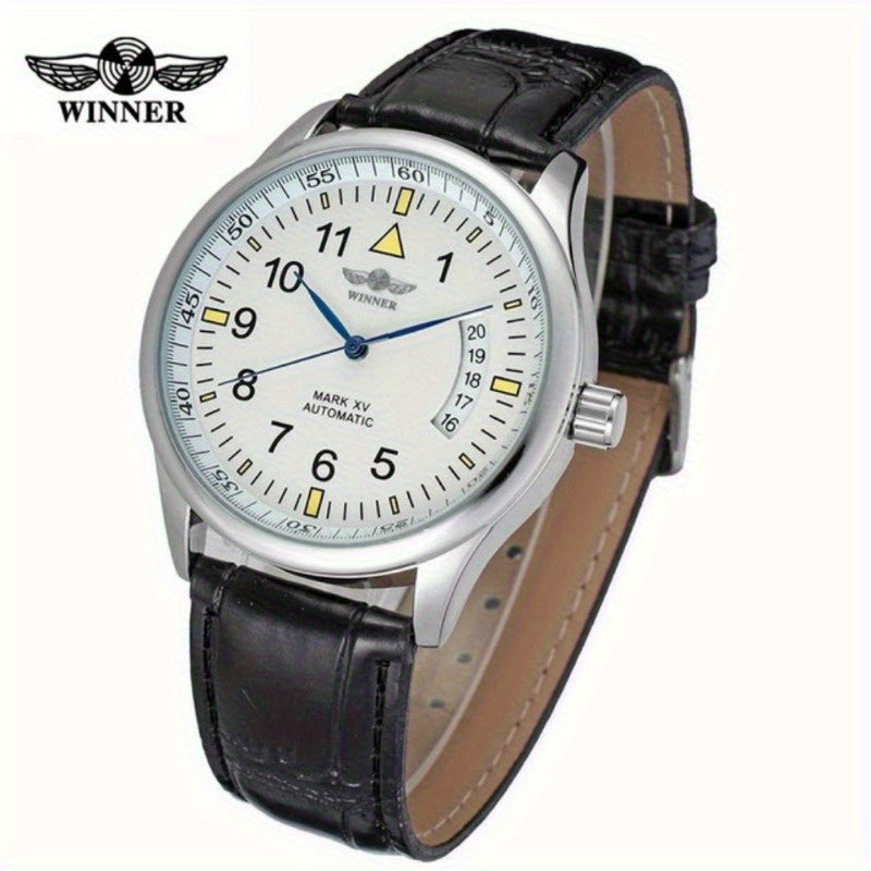 WINNER Self-Winding Mechanical Watch for Women & Men - Large Dial, Round Alloy Case, PU Leather Strap, Calendar