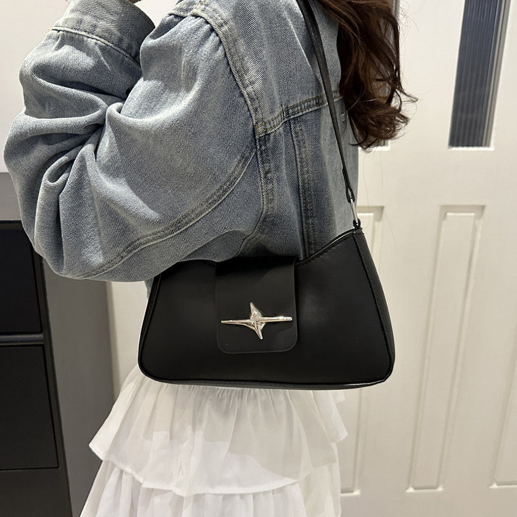 Textured Underarm Baguette Bag for Women – PU Shoulder & Crossbody with Lock Closure, Black (Also White)