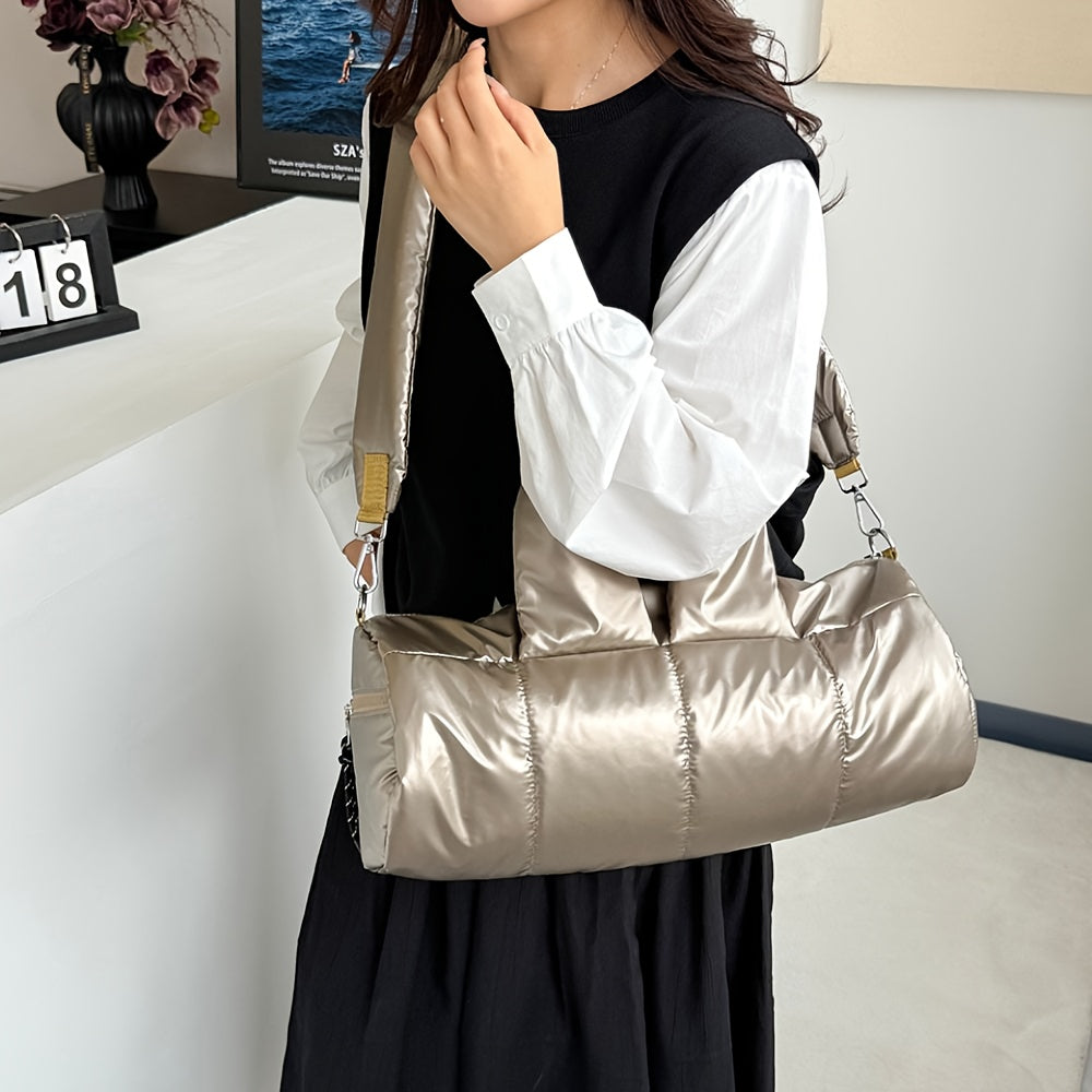 Quilted Puff Bucket Shoulder Bag Large Capacity PU Handbag with Detachable Strap Gold-Tone Hardware Zipper Closure Champagne Black Silver Blue