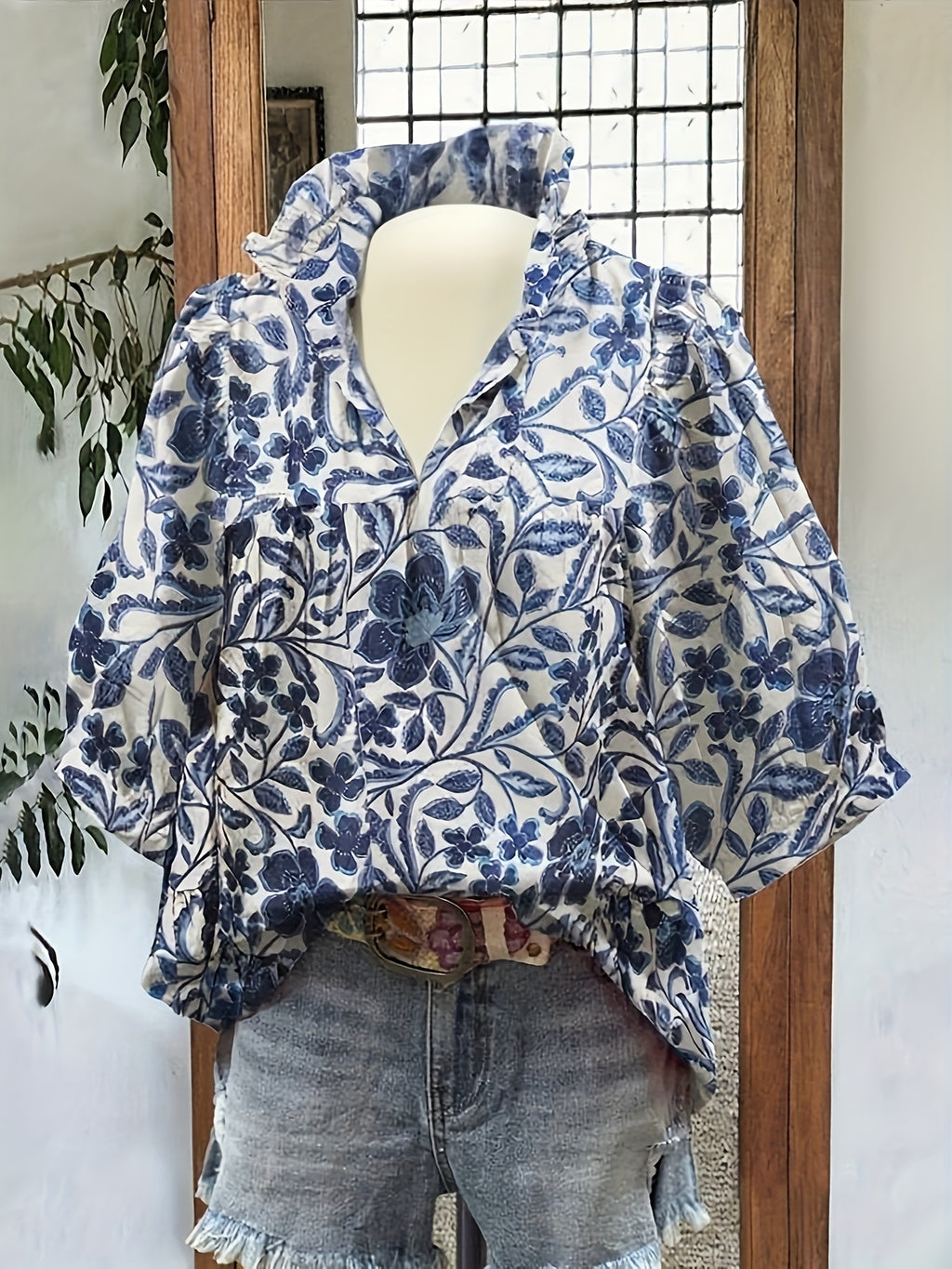 Women's Elegant Floral Short Sleeve Blouse - Stand Collar Lightweight Polyester Top for Spring/Summer/Fall