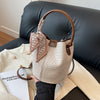 Women's Woven Bucket Handbag & Crossbody Bag - Detachable Strap, Gold-Tone Hardware, PU Leather Tote (Black, Beige, Green, Dark Brown)