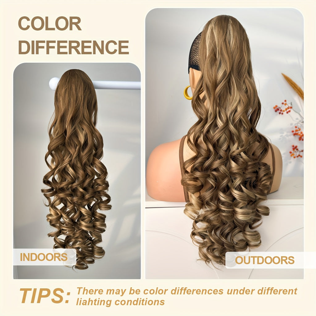 28-inch (71 cm) Deep Wave Drawstring Clip-On Ponytail Hair Extension, Heat-Resistant Synthetic, Multi-Color