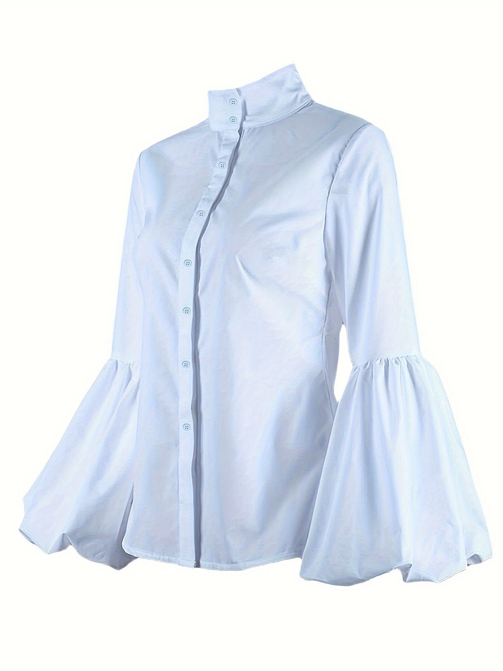 Urban Chic High-Neck Women's Blouse with Puff Sleeves - Slim Fit Long-Sleeve Button-Up Shirt in White