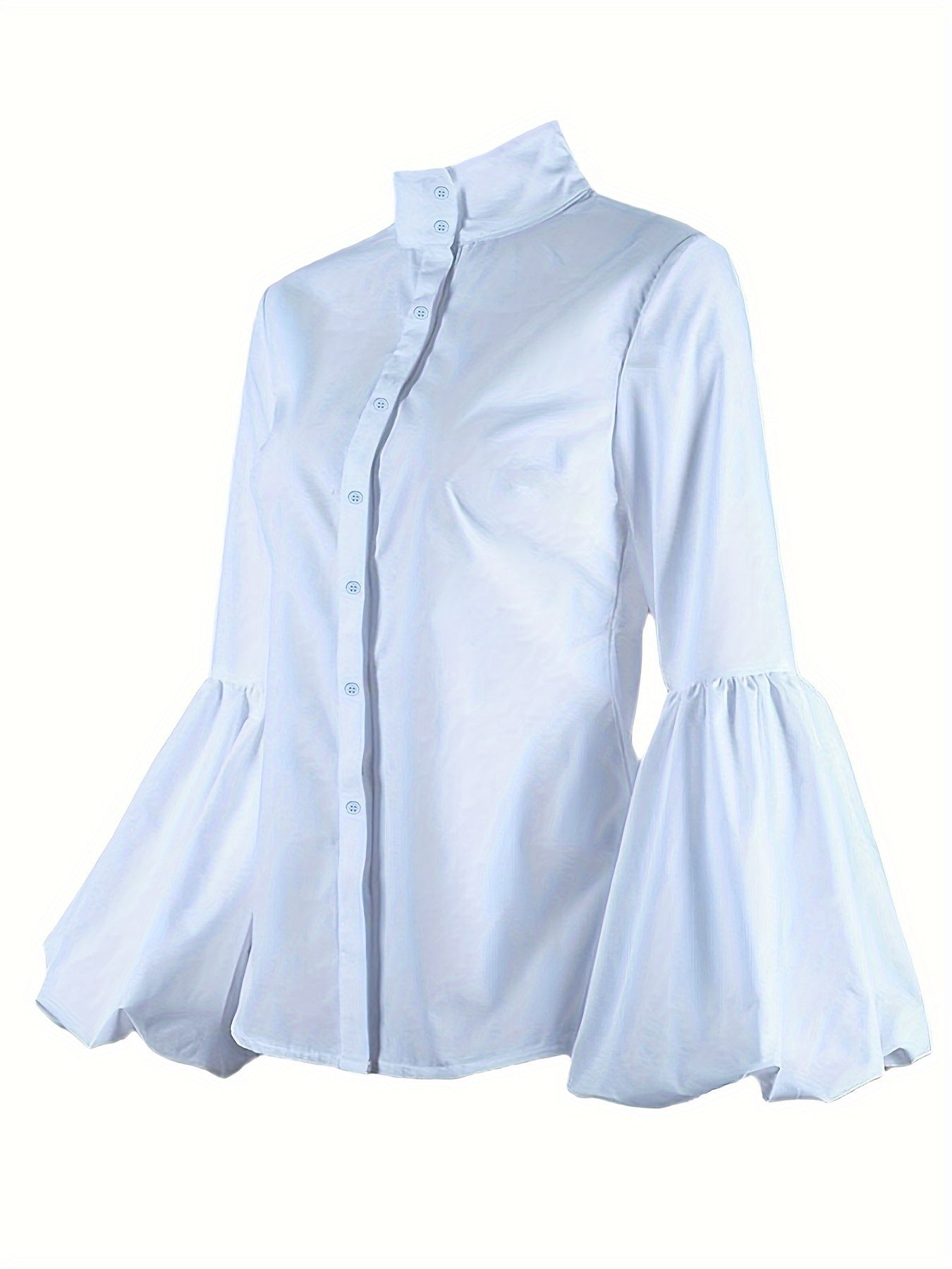 Urban Chic High-Neck Women's Blouse with Puff Sleeves - Slim Fit Long-Sleeve Button-Up Shirt in White