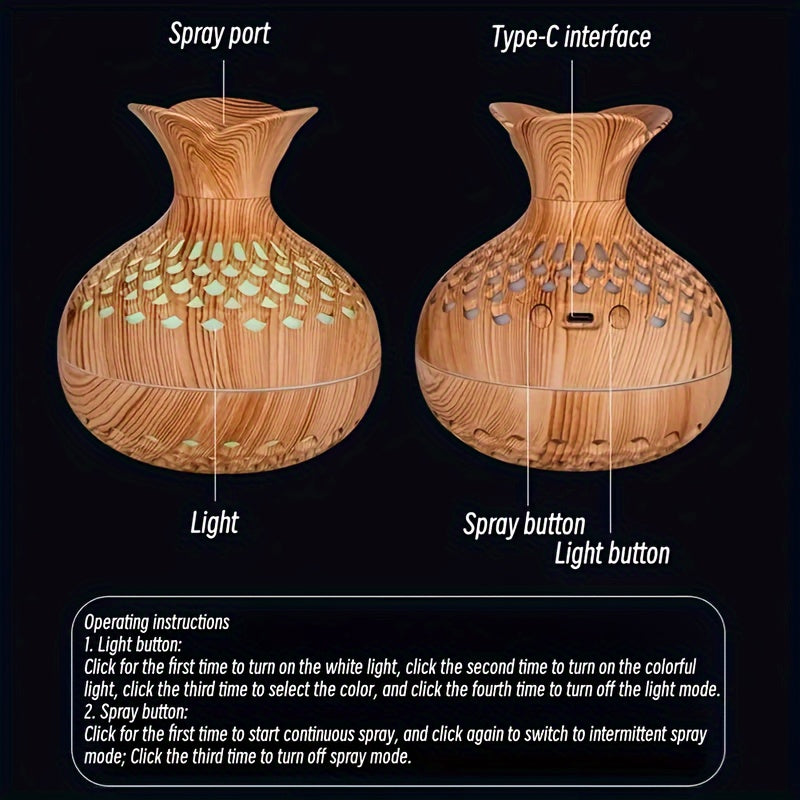 USB-Powered Wood Grain Flower Humidifier & Desk Lamp — Essential Oil Diffuser for Home & Office