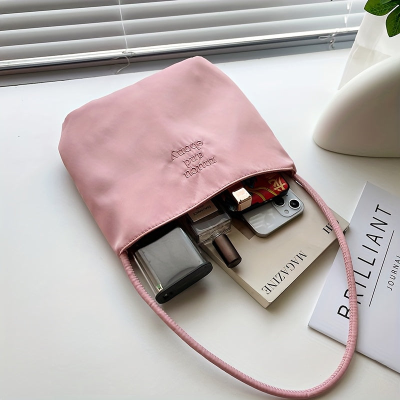 Women's Nylon Underarm Crossbody Bucket Bag – Embroidered Single Shoulder Handbag (Black, White)