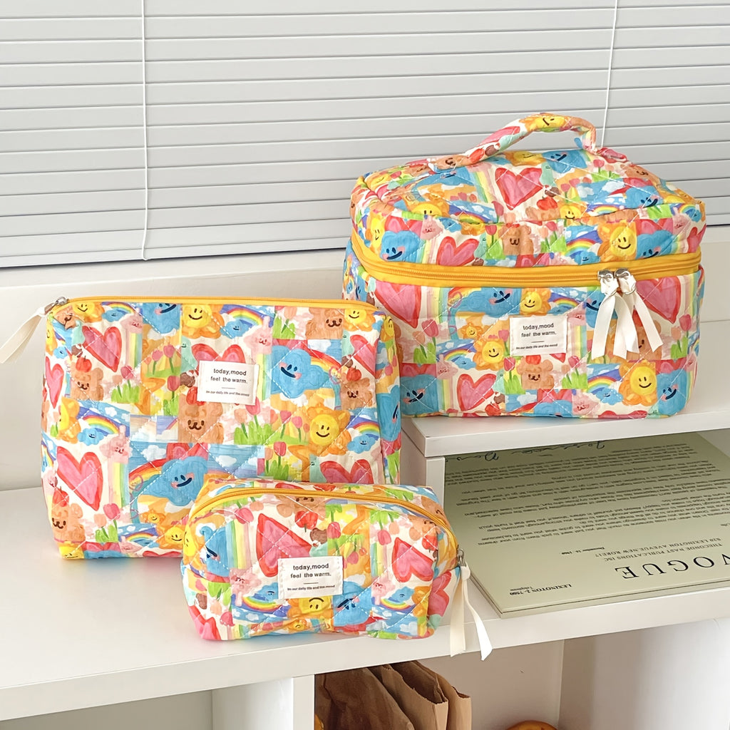Cute Pastel Makeup Bag for Women - Faces, Hearts & Bears Cosmetic Pouch with Zipper, Lightweight Travel Toiletry Case