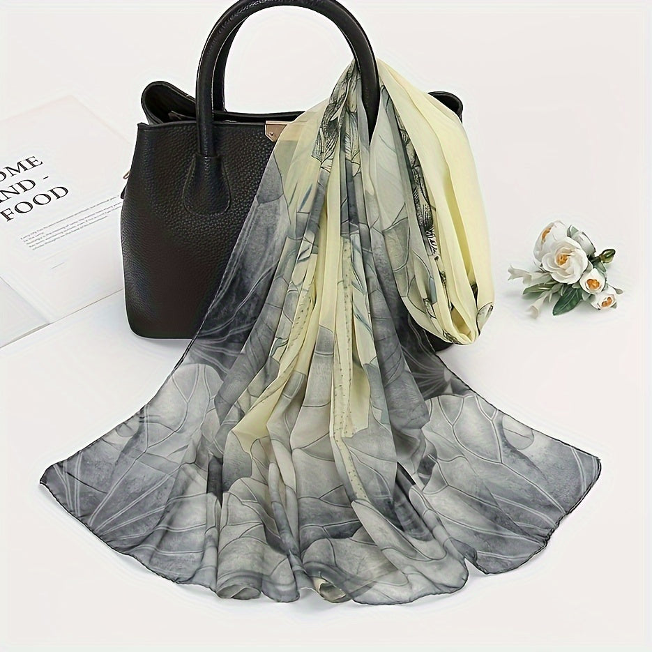 Large Lotus Print Chiffon Scarf, Lightweight Floral Shawl for Women, Breathable Beach Wrap & Travel Headscarf