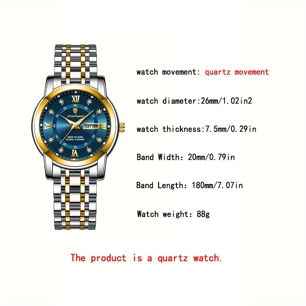 POEDAGAR Women's Elegant Mechanical Watch - Round Dial, Gold-Tone Hands, Stainless Steel Bracelet, Dual Day & Month Display, Jewelry-Style Wristwatch for Everyday & Formal Wear