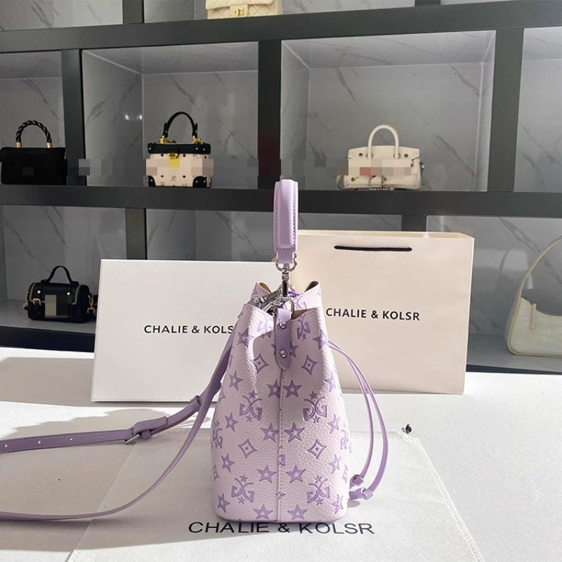 Purple Bucket Bag for Women – Large Capacity Embossed Geometric Handbag with Adjustable Strap & Gold Hardware