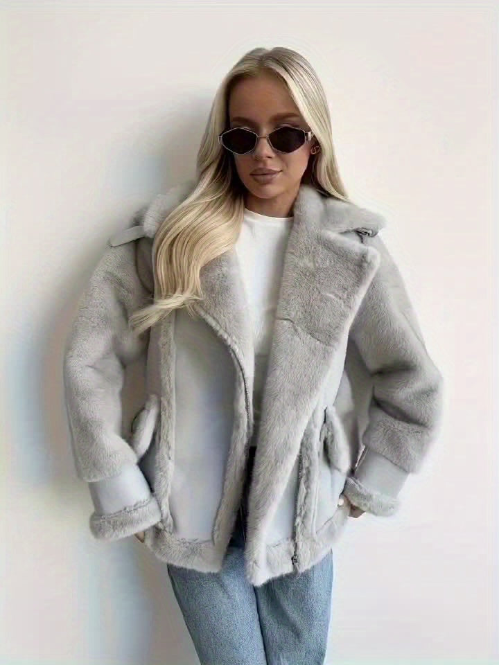 Women's Black Faux Fur Motorcycle Jacket - Zipper Front, Button Cuffs, Casual Fall & Winter Coat