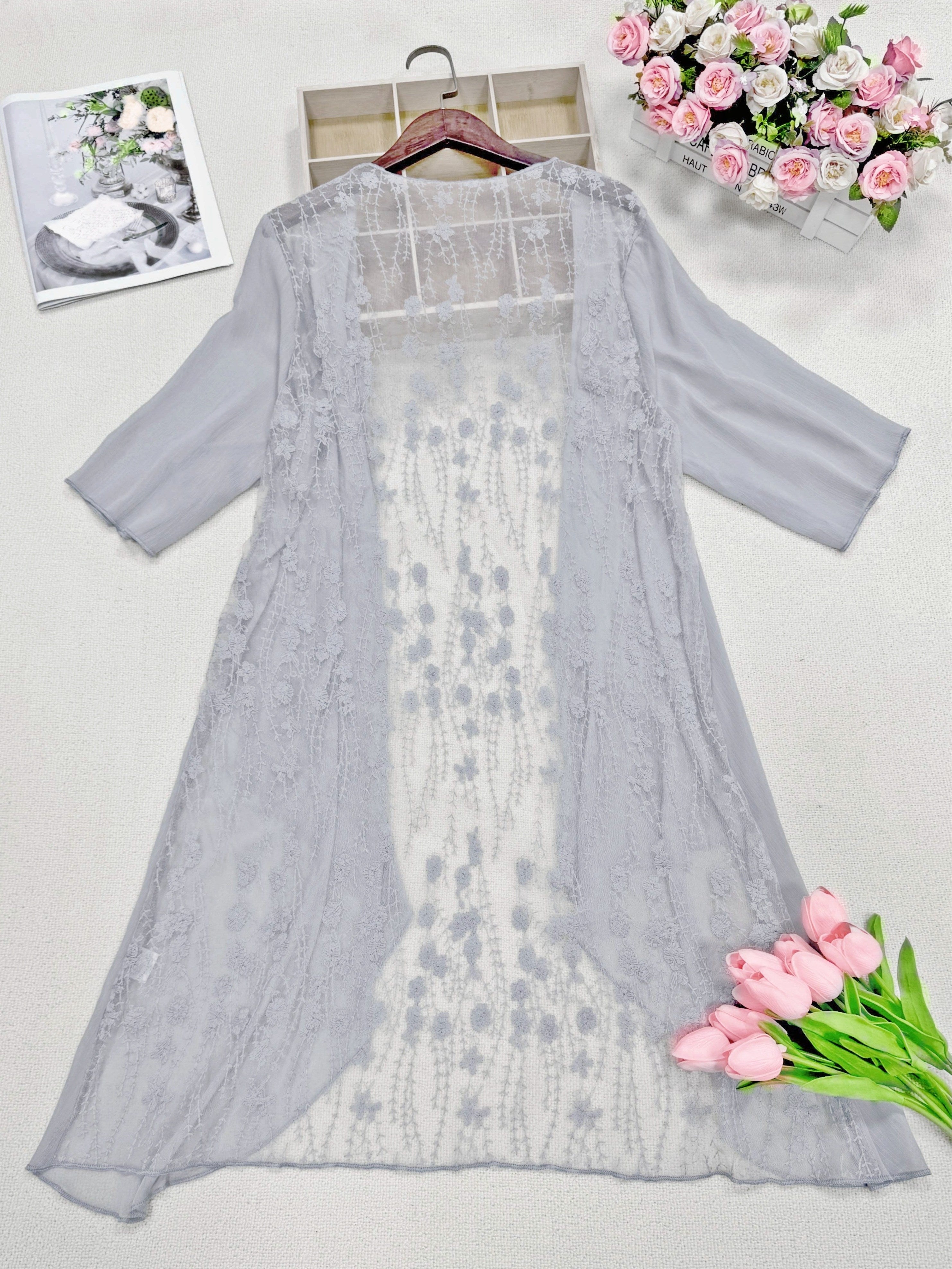 Plus Size Floral Embroidered Kimono Cardigan - Lace Trim Midi Cape, Long Sleeve Semi-Sheer