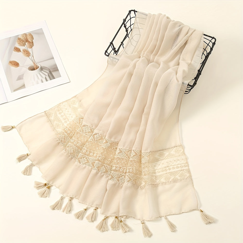 Embroidered Hollow Lace Tassel Scarf for Women — Elegant Lightweight Windproof Wrap for Cold Weather & Eid