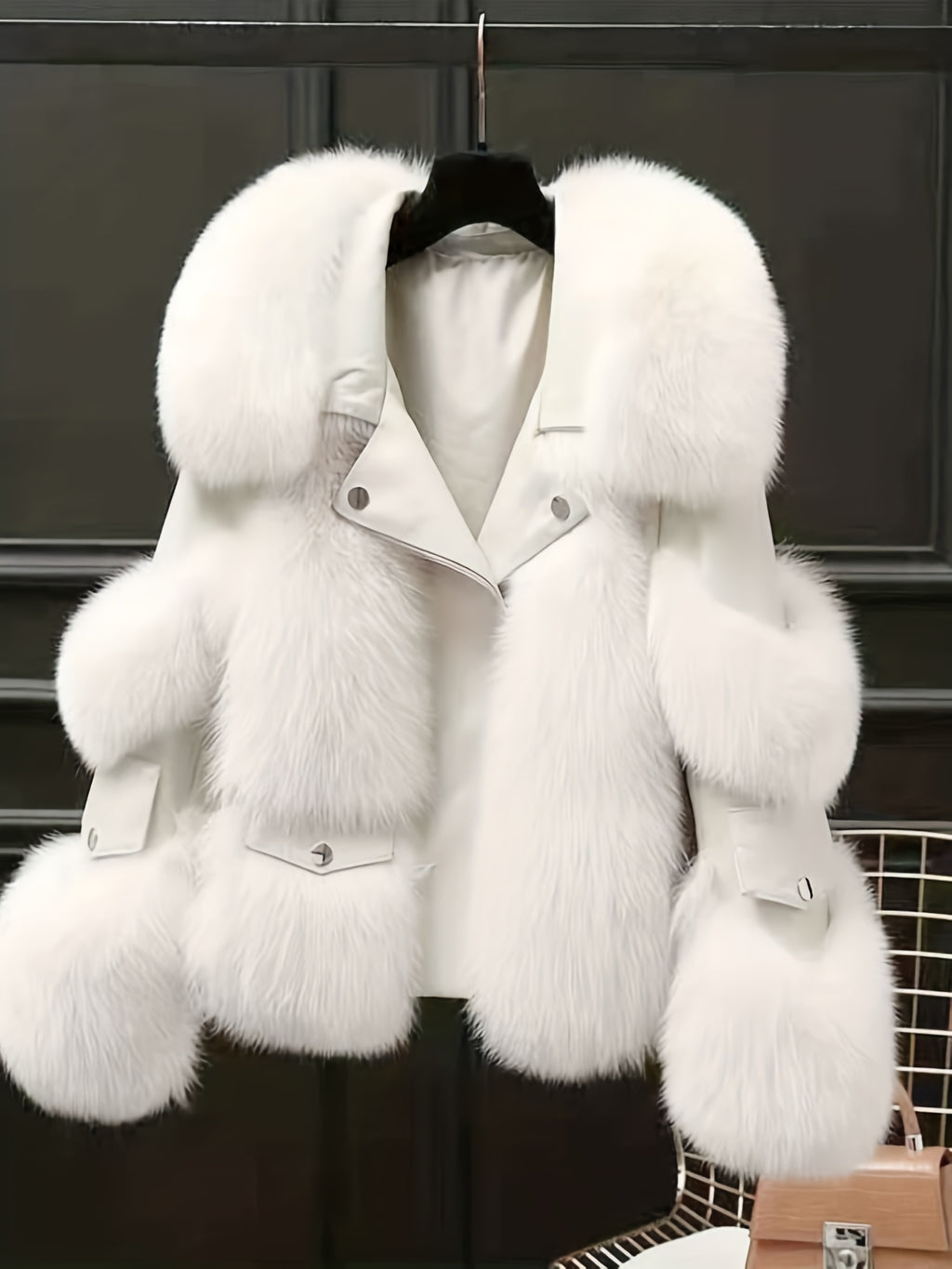 SCACTO Women's Faux Fur Jacket with Leather Accents - Long Sleeve Casual Coat