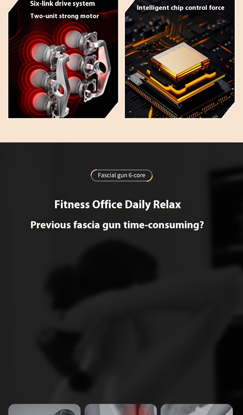 6-Head Percussion Massage Gun — Deep Tissue Massager, 44.1 lb (20 kg) Force, 9,600 RPM, 14 mm Travel, Rechargeable 1800mAh for Neck Back Legs Feet