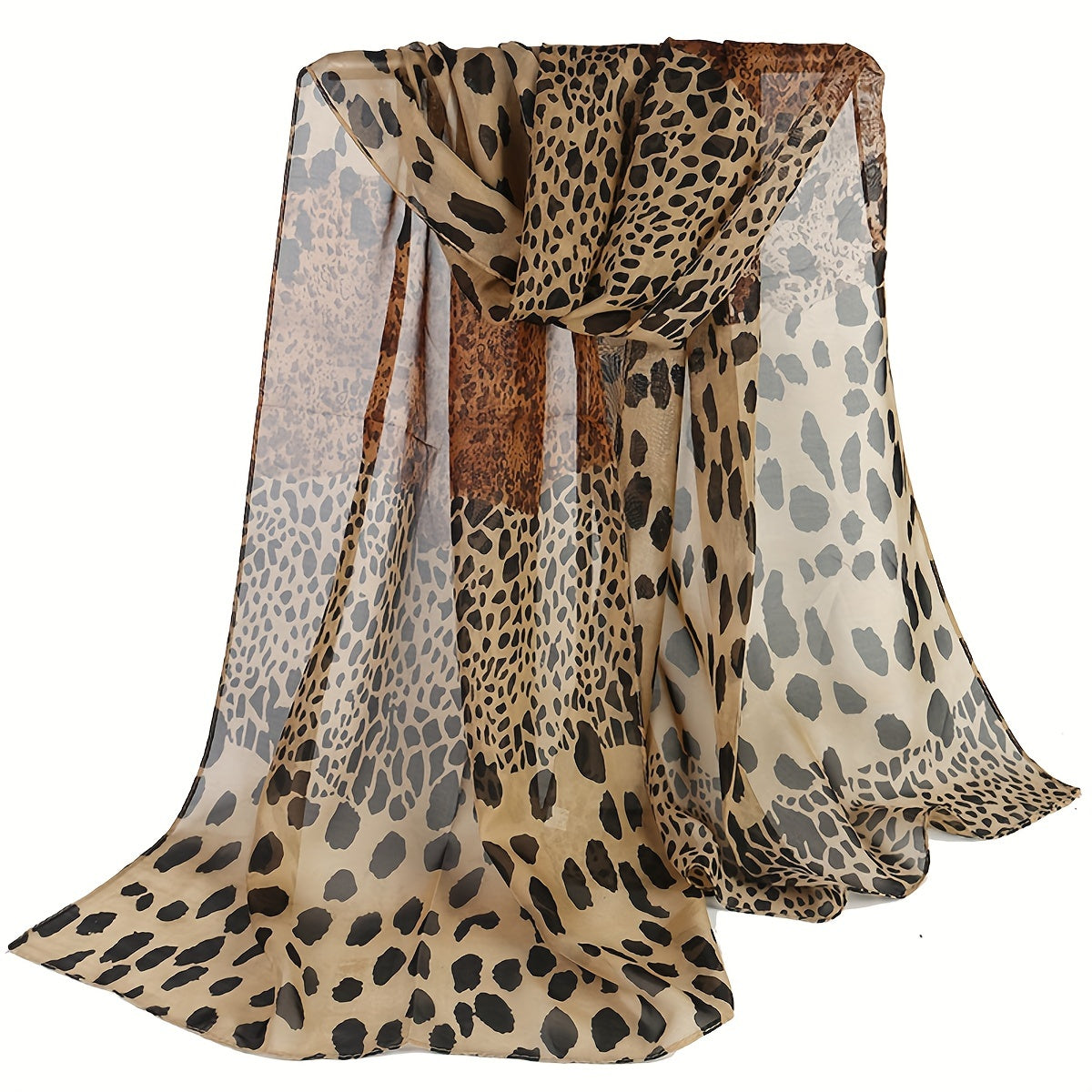 Boho Leopard Print Chiffon Scarf for Women - 100% Polyester Lightweight Shawl & Head Wrap for Travel, Beach, Going Out