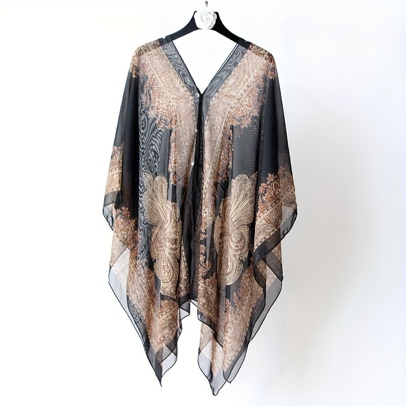 Plus Size Bohemian Floral Chiffon Shawl Scarf – Lightweight Wrinkle-Resistant Beach Cover-Up Wrap for Women