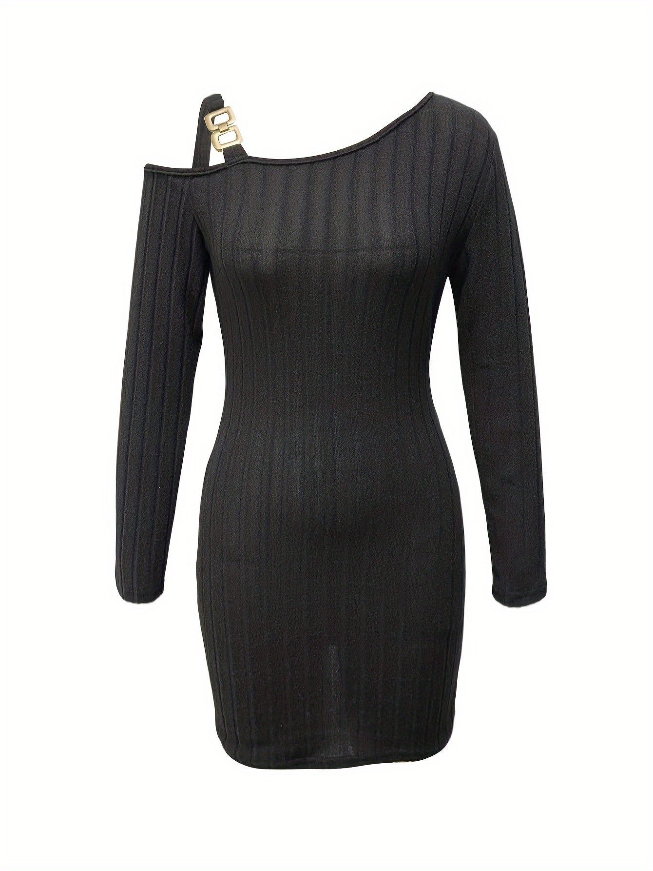 Ribbed Asymmetrical One-Shoulder Bodycon Mini Dress Long Sleeve Party Dress for Women