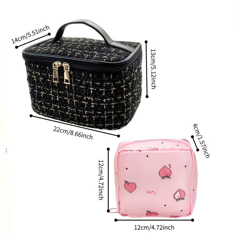 Elegant Checkered Makeup Bag — Large Capacity Travel Cosmetic Organizer with Gold-Tone Hardware