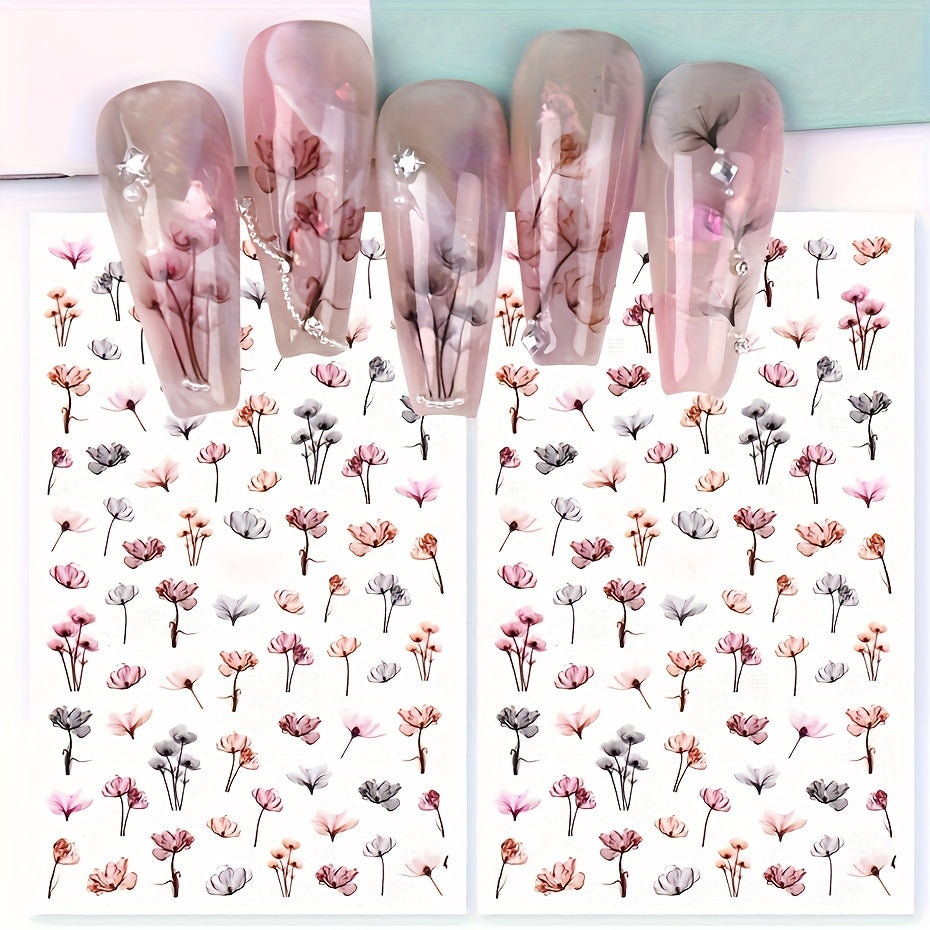 Gradient Bloom Watercolor Flower Nail Stickers - 1 Sheet Self-Adhesive Semi-Gloss Floral & Leaf Decals for Elegant Manicures