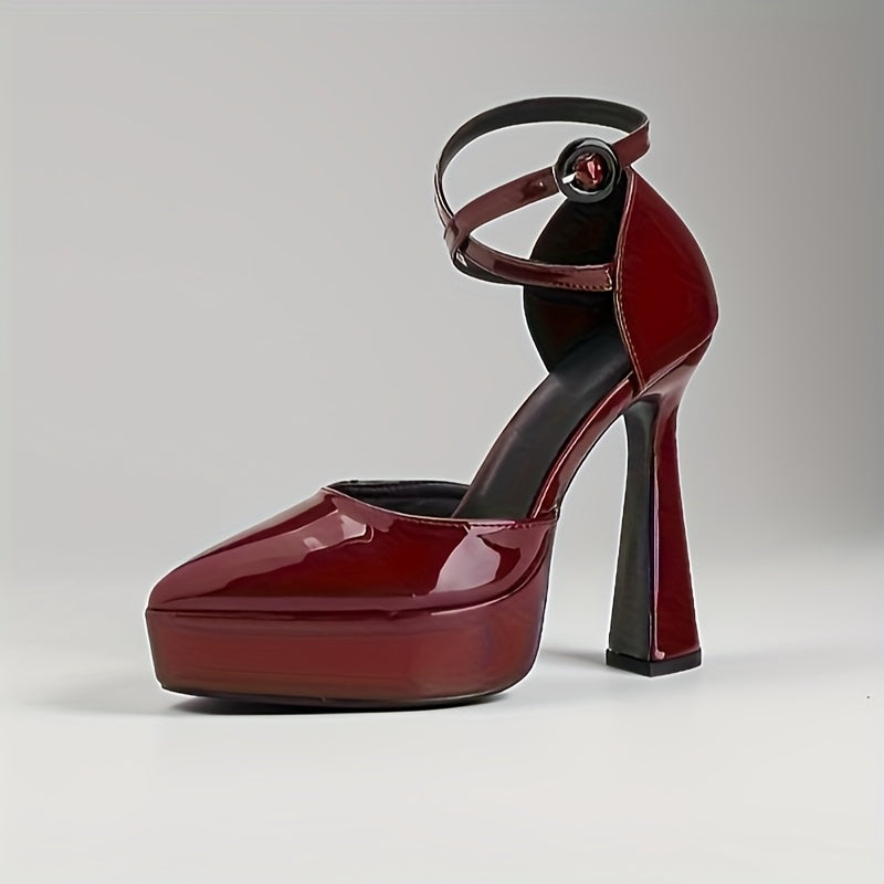 Women's Burgundy Platform High Heels - Open Toe Ankle Strap Block Heel Mary Jane for Party & Formal
