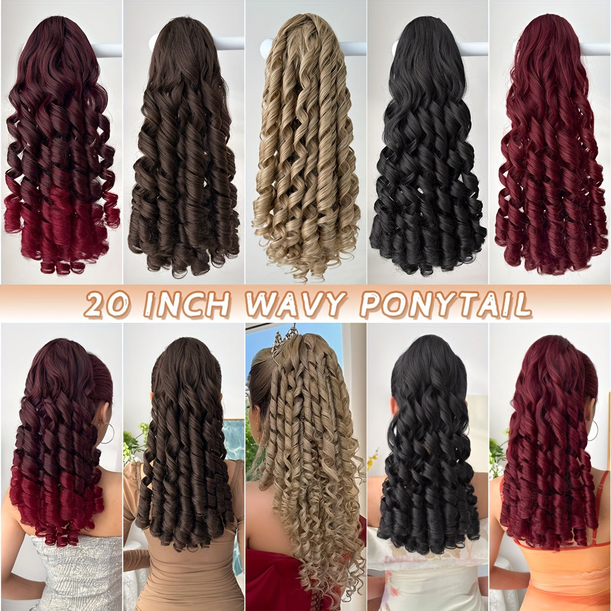 20" (50 cm) Deep Wave Drawstring Ponytail Extension – Clip-In Synthetic Hair in Burgundy, Red, Black, Brown, Blonde
