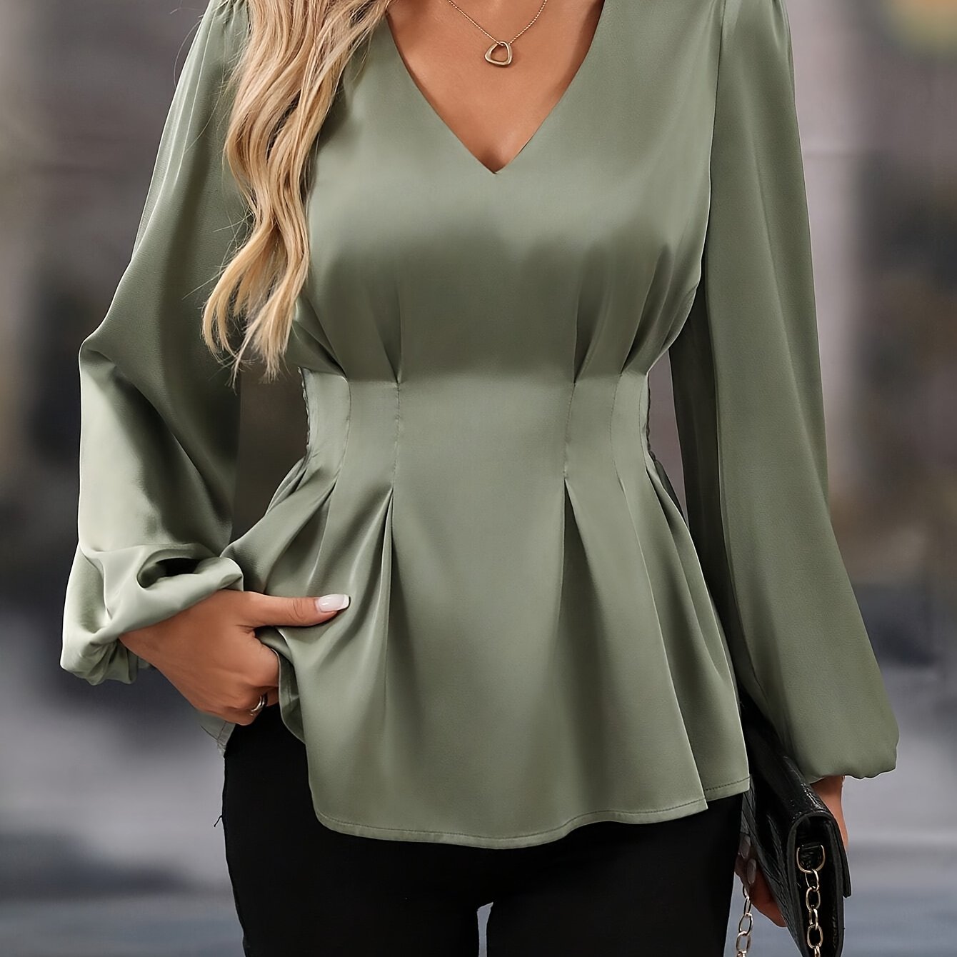 Women's Elegant V-Neck Long Sleeve Blouse – All-Season Office & Formal Shirt