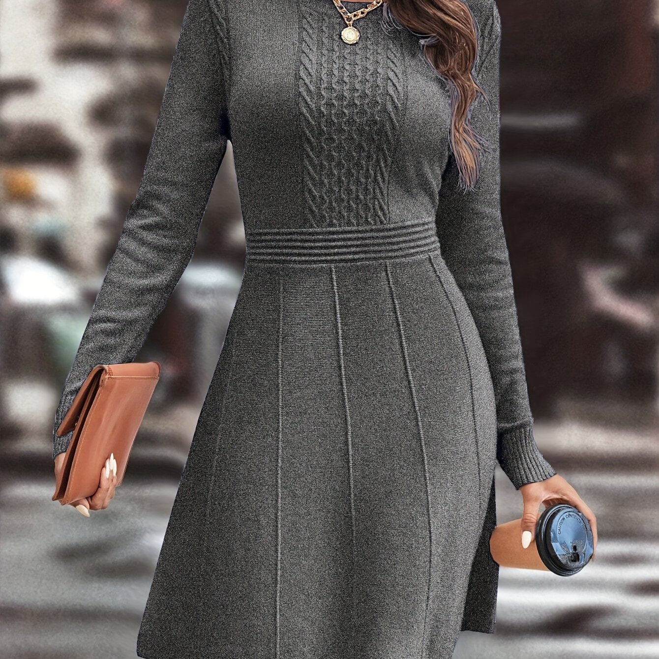 Women's Autumn/Winter Knit A-Line Dress Slim Round Neck Casual Elegant for Date & Daily Wear