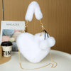 Plush Heart-Shaped Faux Fur Shoulder Bag with Pom-Pom Wristlet - Zipper Closure Cozy Winter Handbag (Beige, Pink, White, Red, Black)