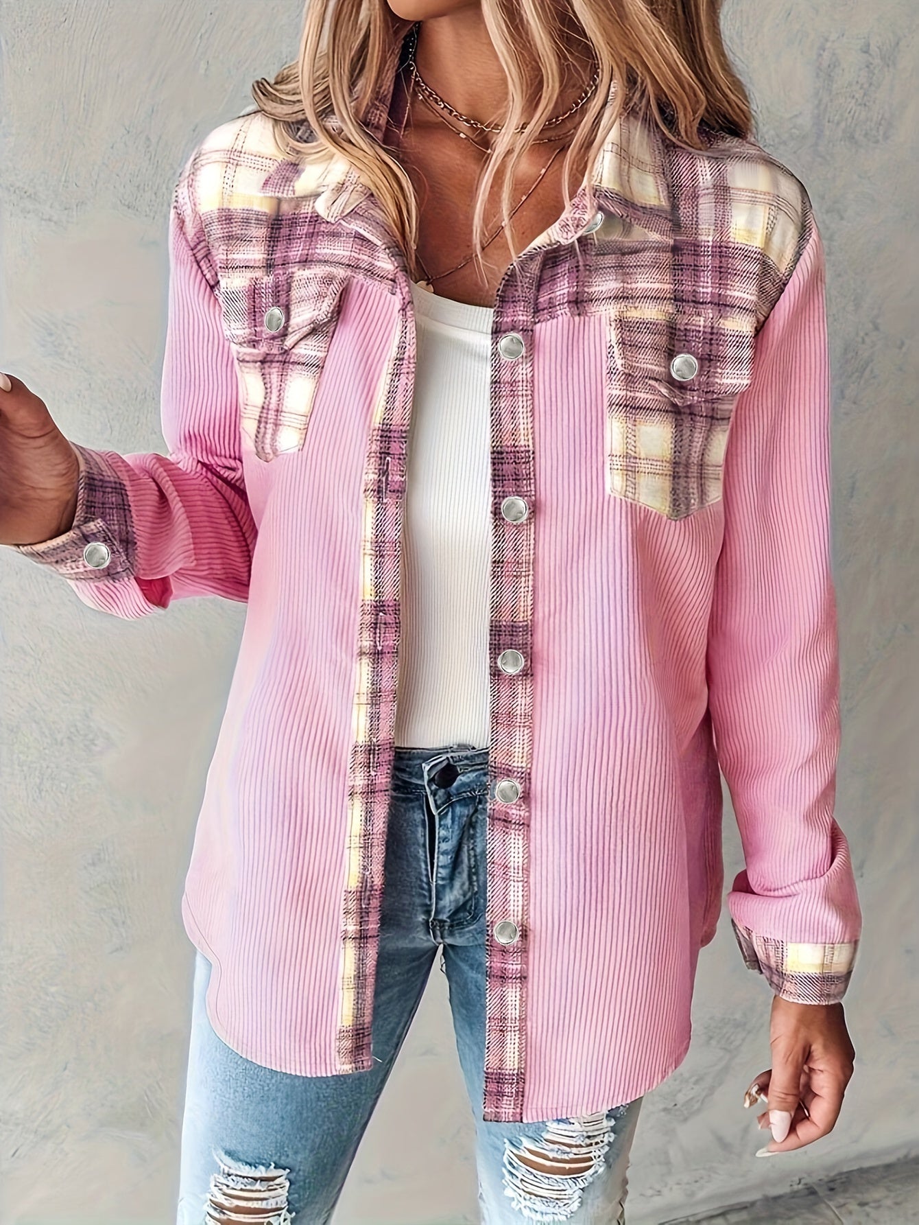 Women's Pink & Black Plaid Long Sleeve Button Shirt - Square Neck, 100% Polyester, Machine Washable