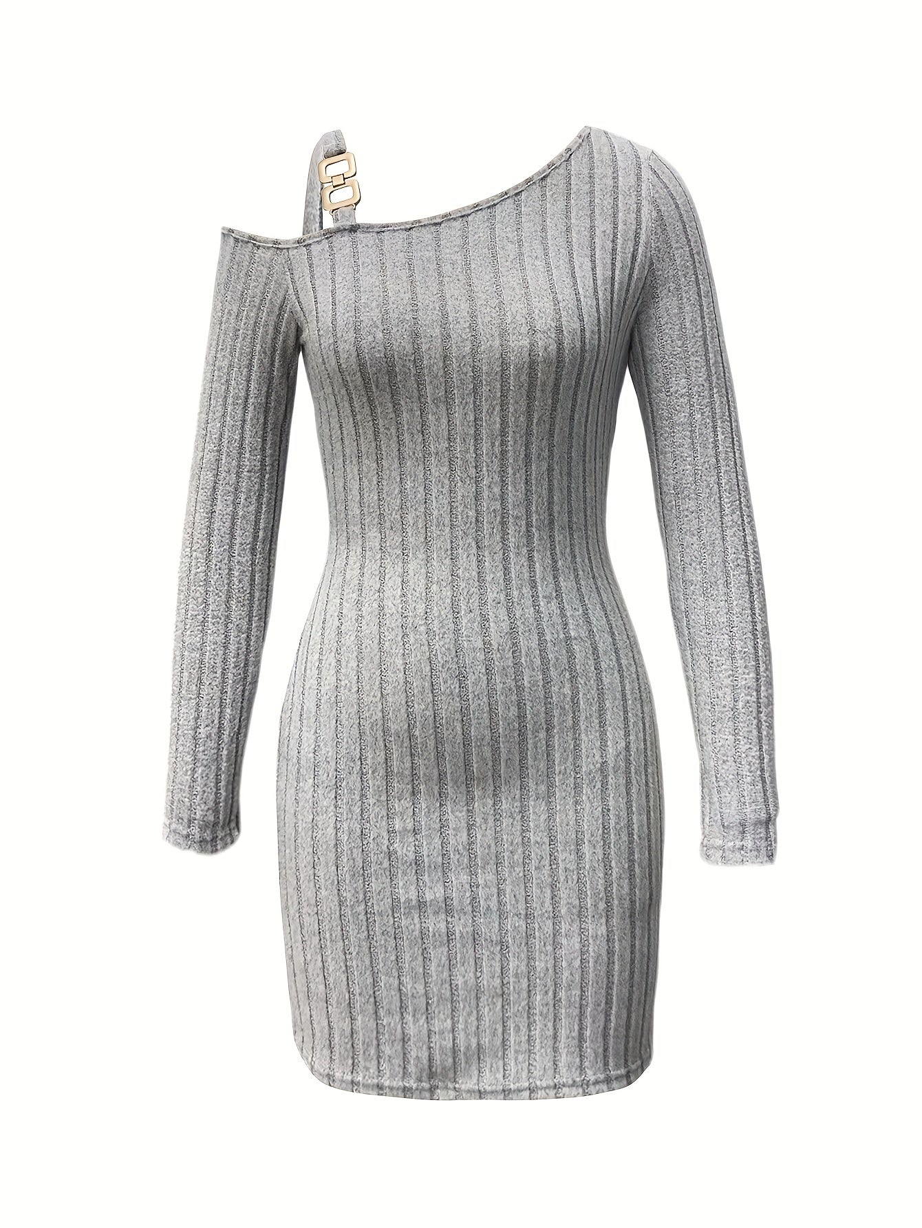 Ribbed Asymmetrical One-Shoulder Bodycon Mini Dress Long Sleeve Party Dress for Women