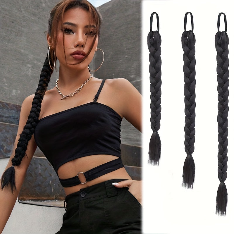Box Braided Long Ponytail Extension for Women – Synthetic High-Temp Fiber with Elastic Hair Tie