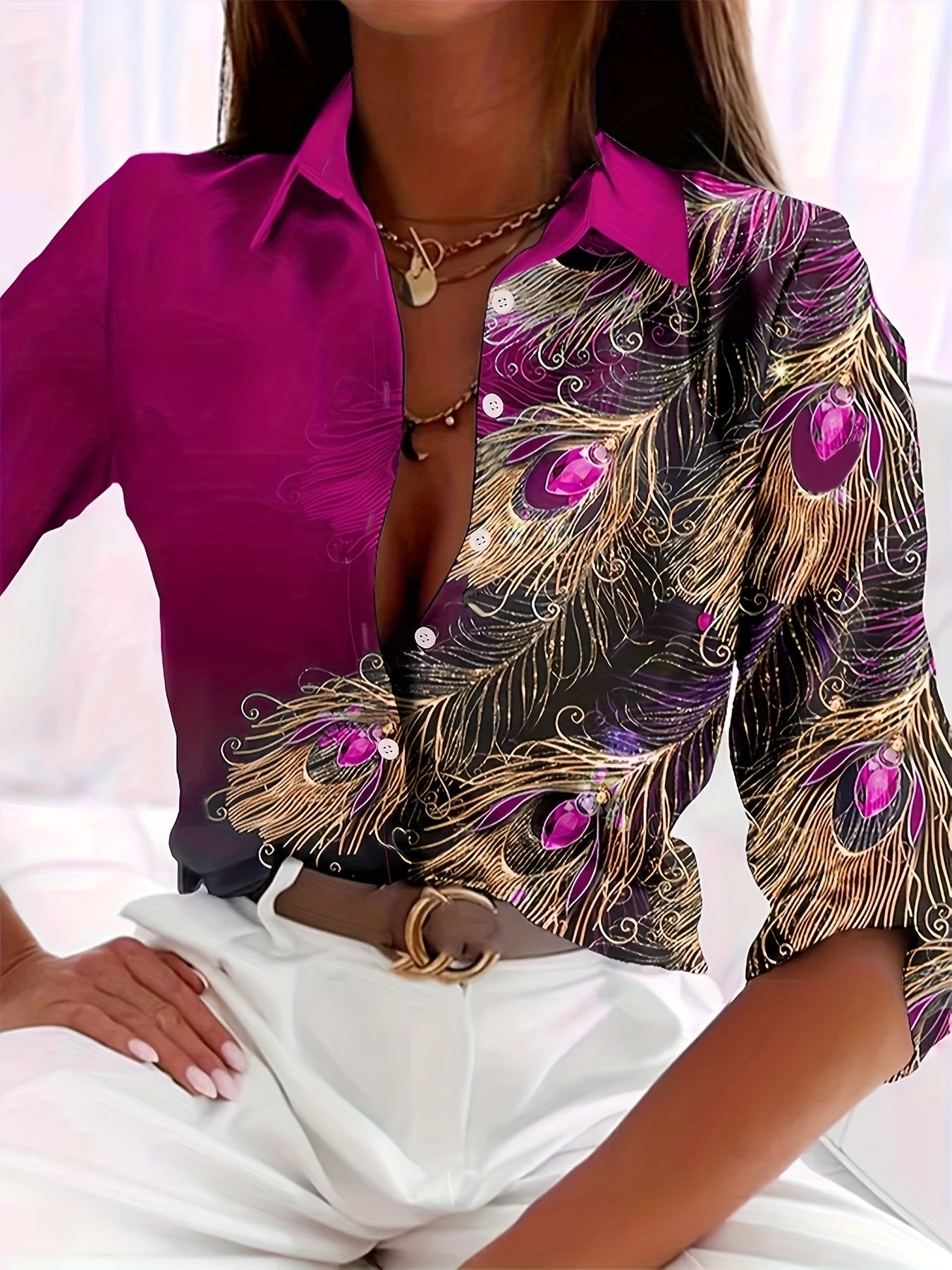 Women's Peacock Print Button-Front Blouse - Turquoise with Gold Buttons, Lapel Collar, All-Season Office & Party Top