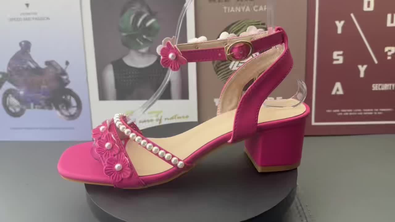 Women's Pearl Embellished Block Heel Sandals – Ankle Strap Open Toe Mid Heel Party & Formal Shoes