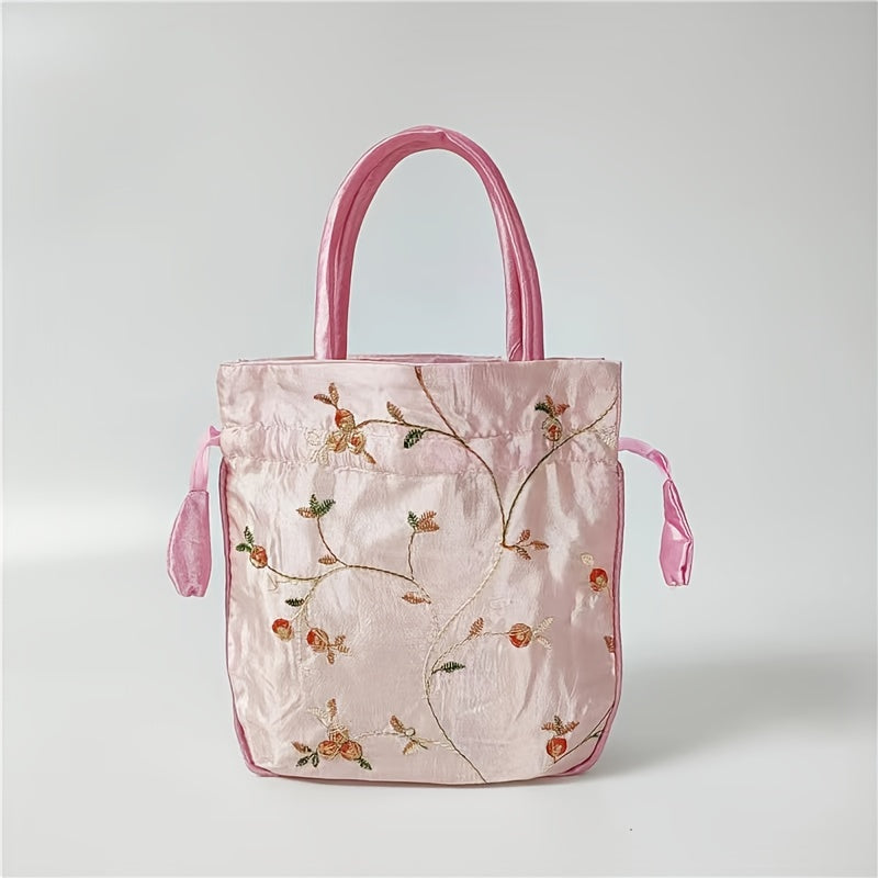 Elegant Floral Embroidered Drawstring Clutch – Cute Bucket Purse with Polyester Lining for Coins & Phone (Multiple Colors)