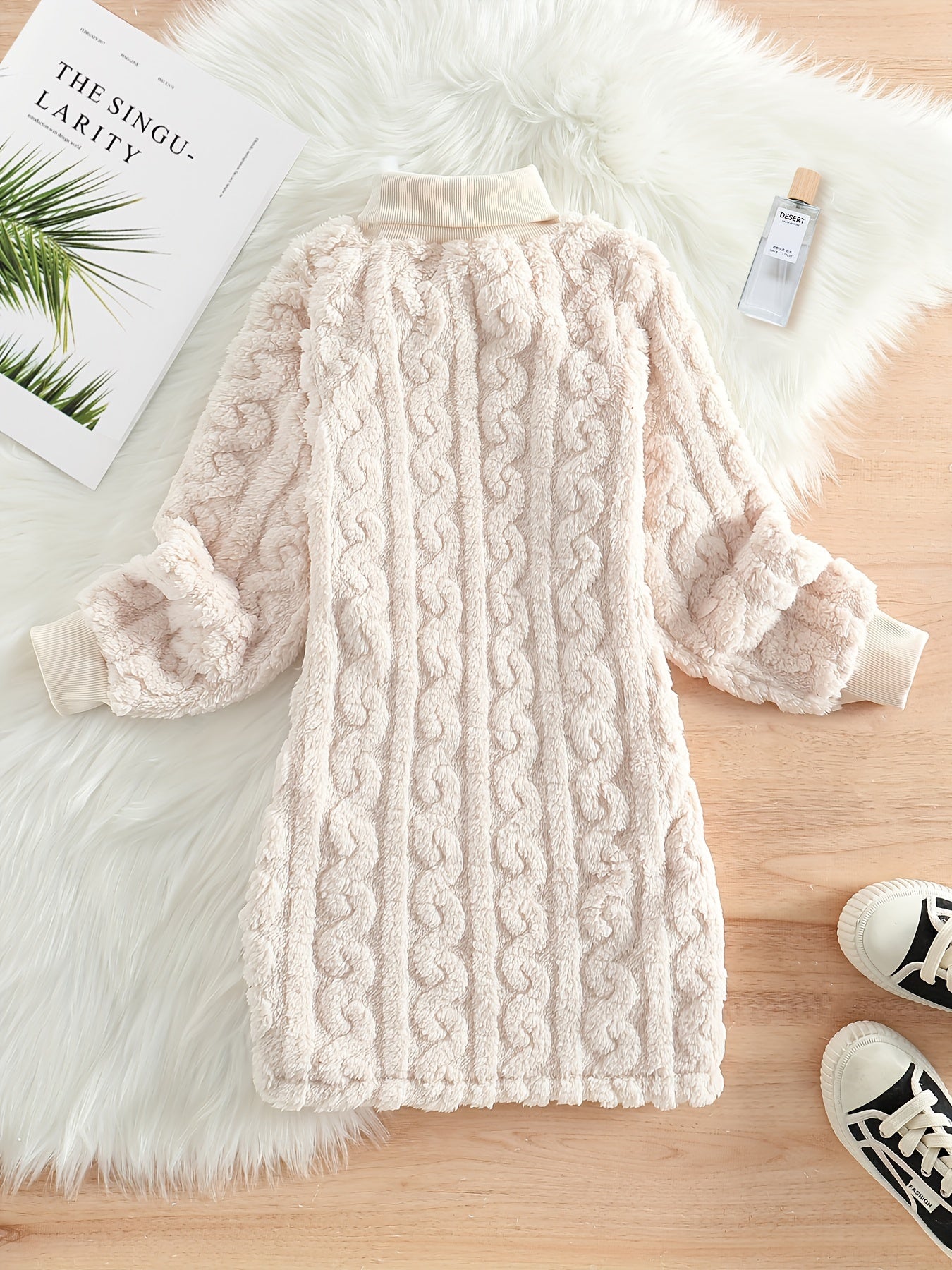 Girls' Mustard Yellow Fleece Cable Knit Dress - Long Sleeve Casual Fall/Winter, Machine Washable