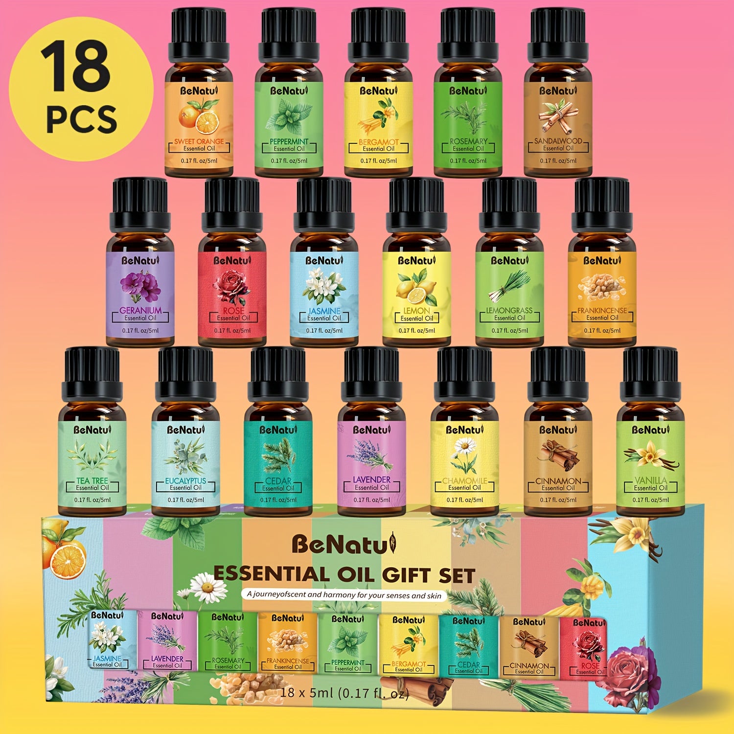 6pc & 18pc Aromatherapy Essential Oil Set - Variety Fragrance Oils for Diffusers, Humidifiers, Candles & Soap Making (Portable Mini Bottles)