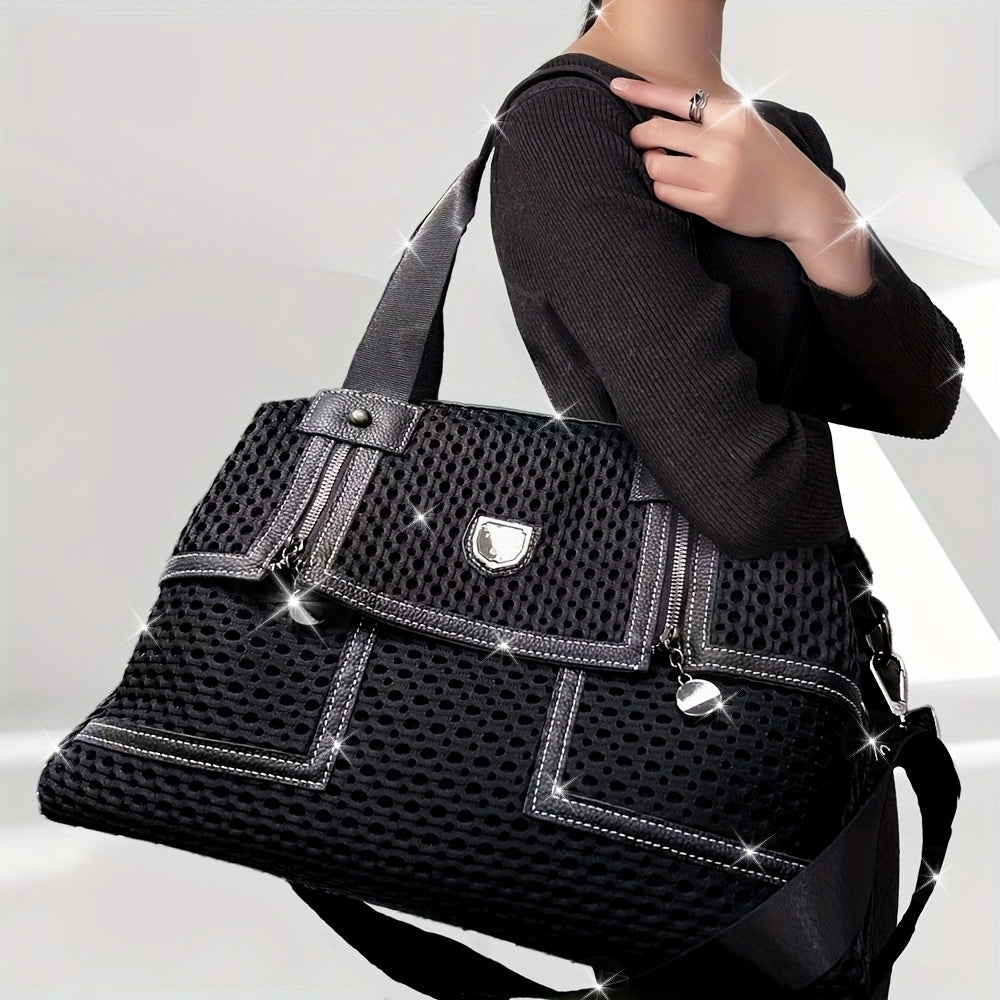 Retro Street Style Women's Mesh Splicing Bucket Bag – Large Capacity Detachable Nylon & Polyester Shoulder Bag with Rivet Strap, Black