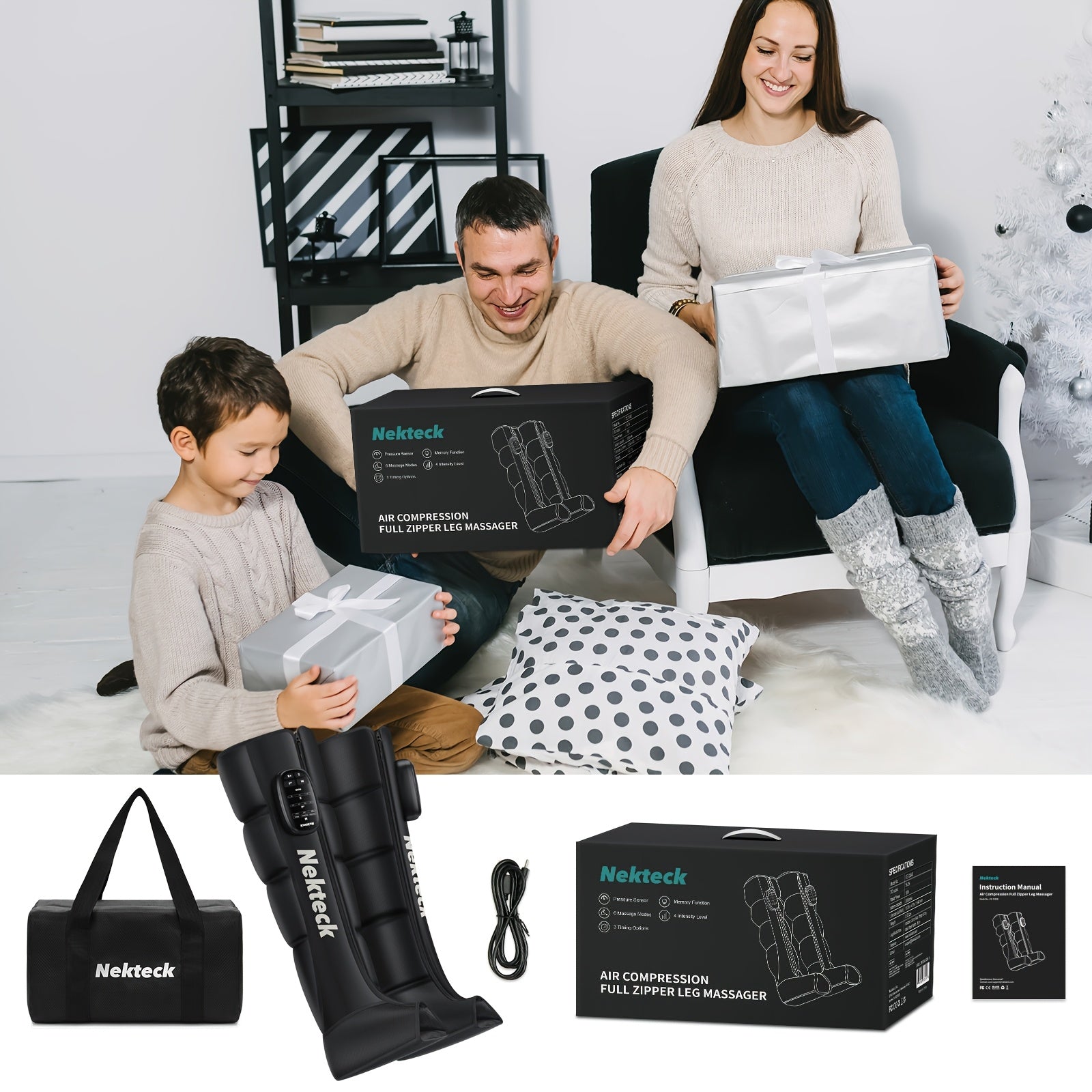 NEKTECK Cordless Air Compression Leg Massager with Heat — Portable USB Rechargeable Foot & Calf Massager, 1 or 2-Pack Gift for Men & Women