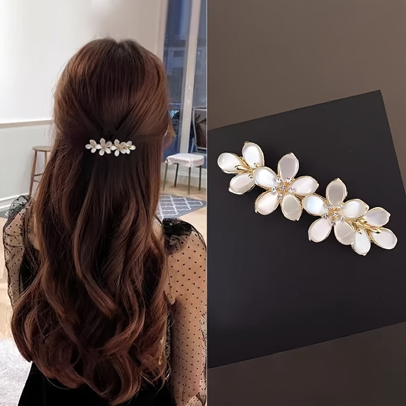 Elegant Floral Rhinestone Hair Barrette French Spring Clip for Bridal Half-Up Hairstyles and Ponytails