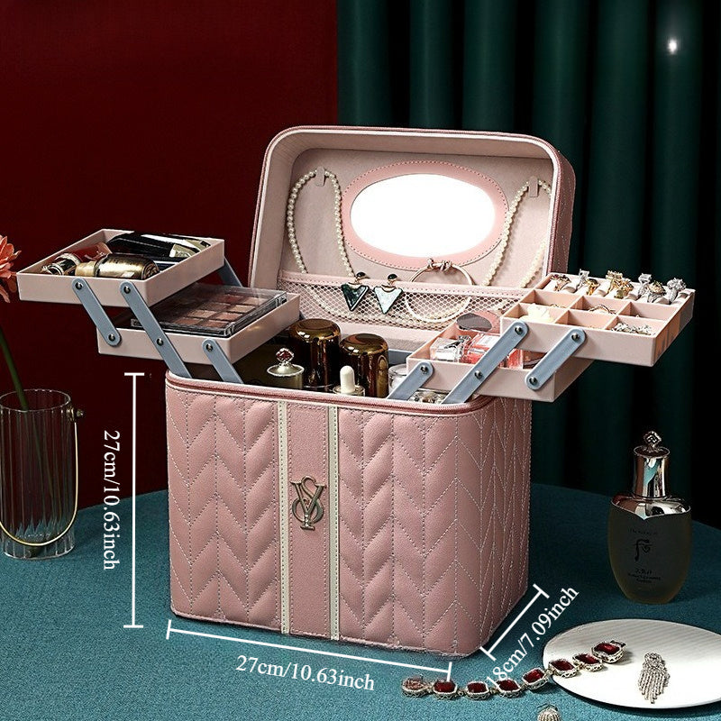 Large Travel Makeup Bag with Mirror & Jewelry Organizer - Embroidered PU Cosmetic Case, Multiple Compartments (Red/Green/White)