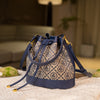 Golan Dai Women's Blue and Gold Embellished Bucket Bag - Drawstring Handbag with Gold-Tone Hardware for Work, Travel, Casual