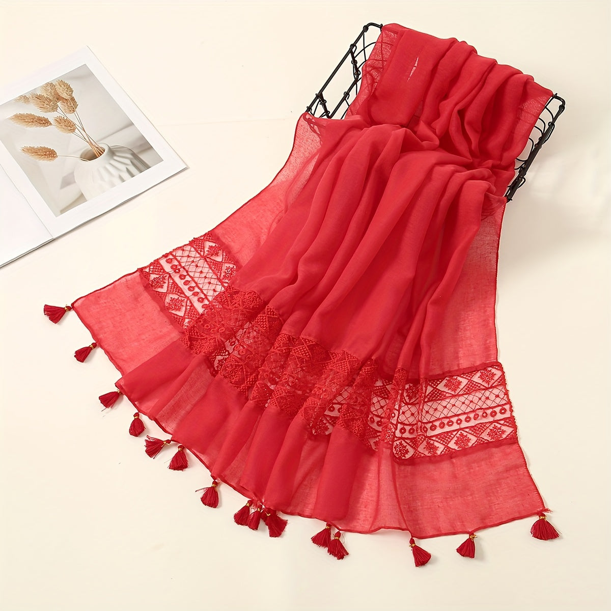 Embroidered Hollow Lace Tassel Scarf for Women — Elegant Lightweight Windproof Wrap for Cold Weather & Eid