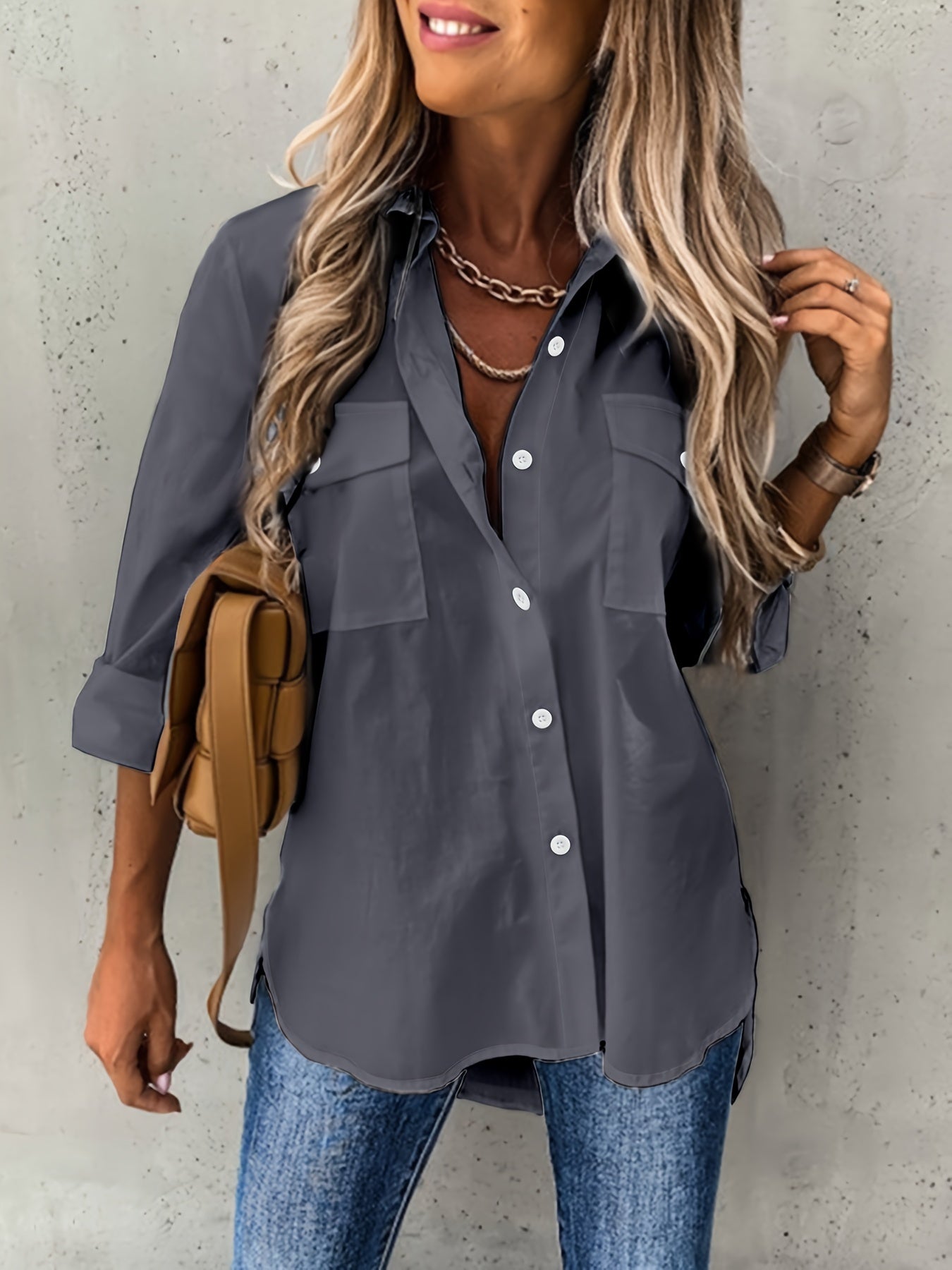 Women's Button-Front Collared Long Sleeve Shirt — Solid Casual Office Blouse