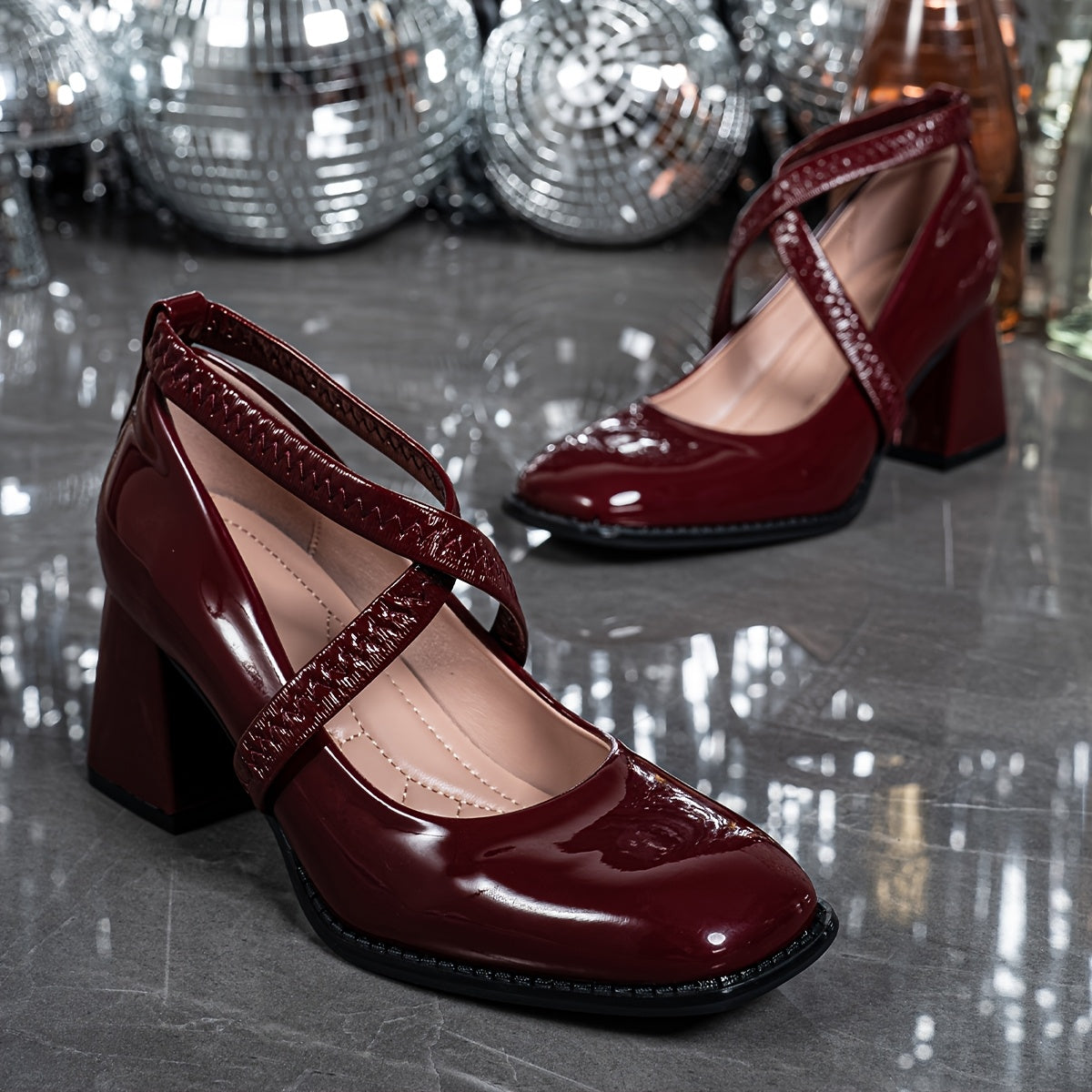 Women's Red Block Heel Pumps - Square Toe, Elastic Band, Glossy Anti-Slip Sole