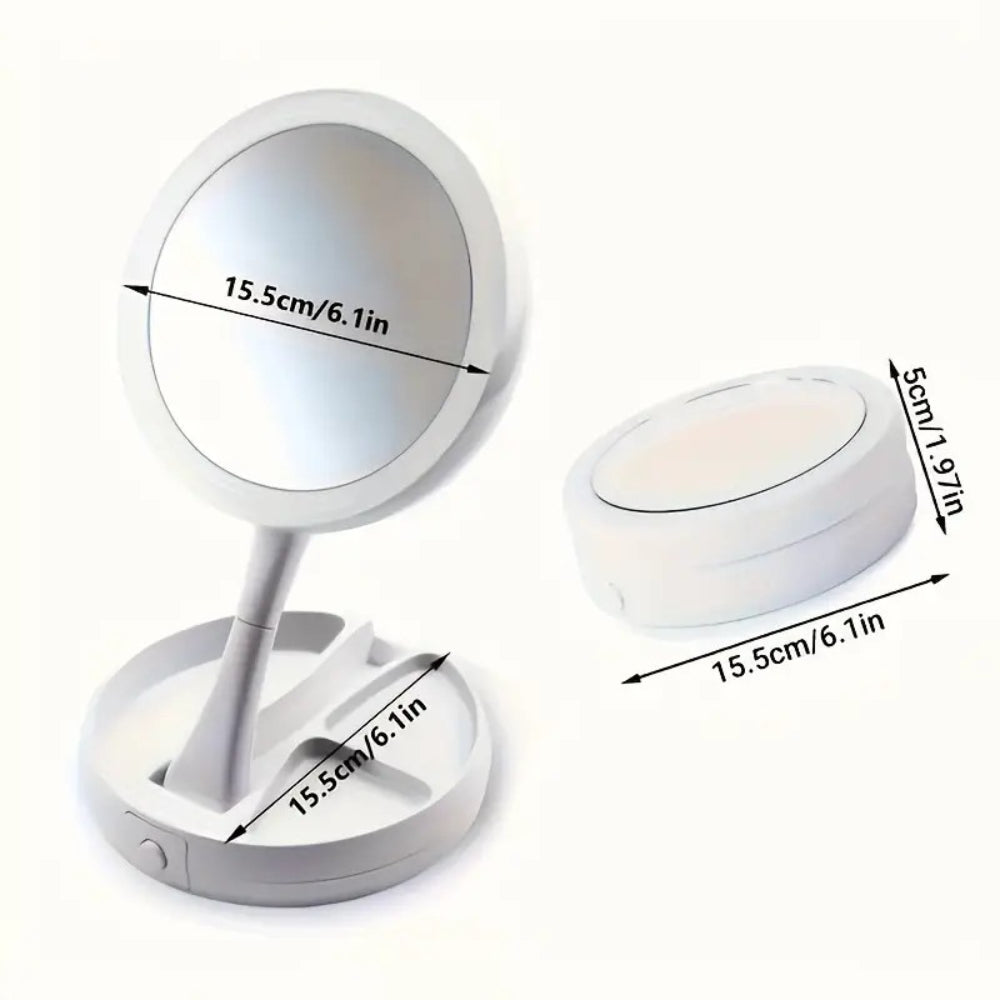 Foldable LED Vanity Mirror - Dual-Sided 1X/10X Magnification, Adjustable Brightness, Compact White Makeup Mirror