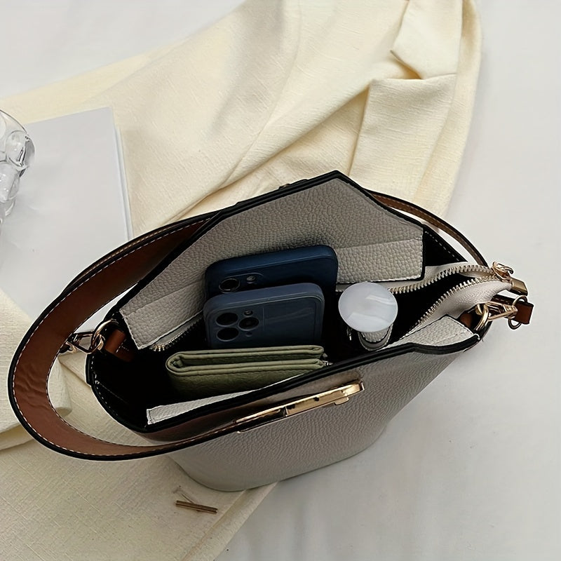 Elegant Beige Bucket Bag – French-Inspired Women's Handbag with Adjustable Thin Shoulder Strap, Large Capacity, Zipper Closure, Crossbody Purse for Work & Travel