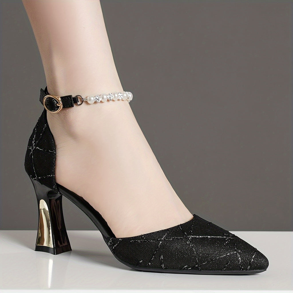 Women's Faux Pearl Ankle-Strap Pointed Toe Dress Pumps - Elegant Block High Heels